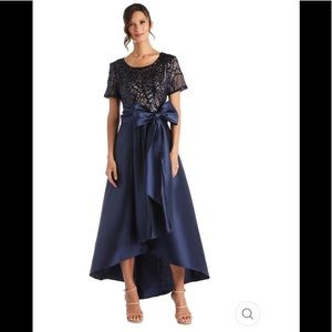 NWT,R&M Richards High-Low Satin Skirt, Bow at Waist, and Sequin Top Dress,navy